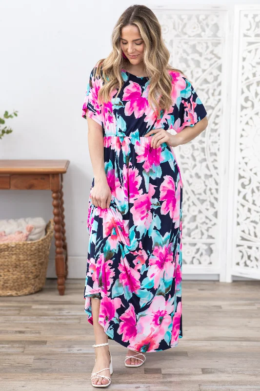 Premium Style Navy Flower Print Boat Neck Maxi Dress