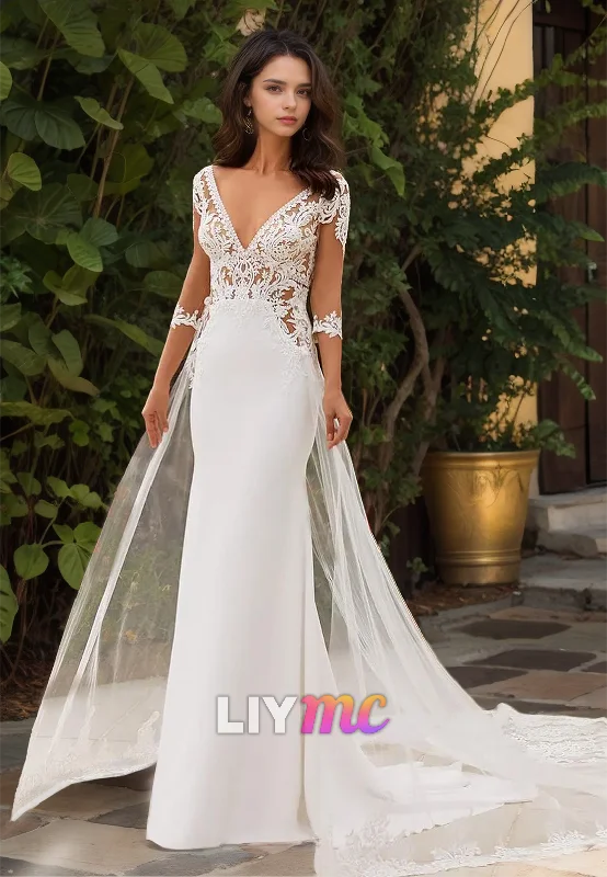 Women Apparel V-Neck Long Sleeves Lace Appliques Sleek Mermaid Wedding Dress