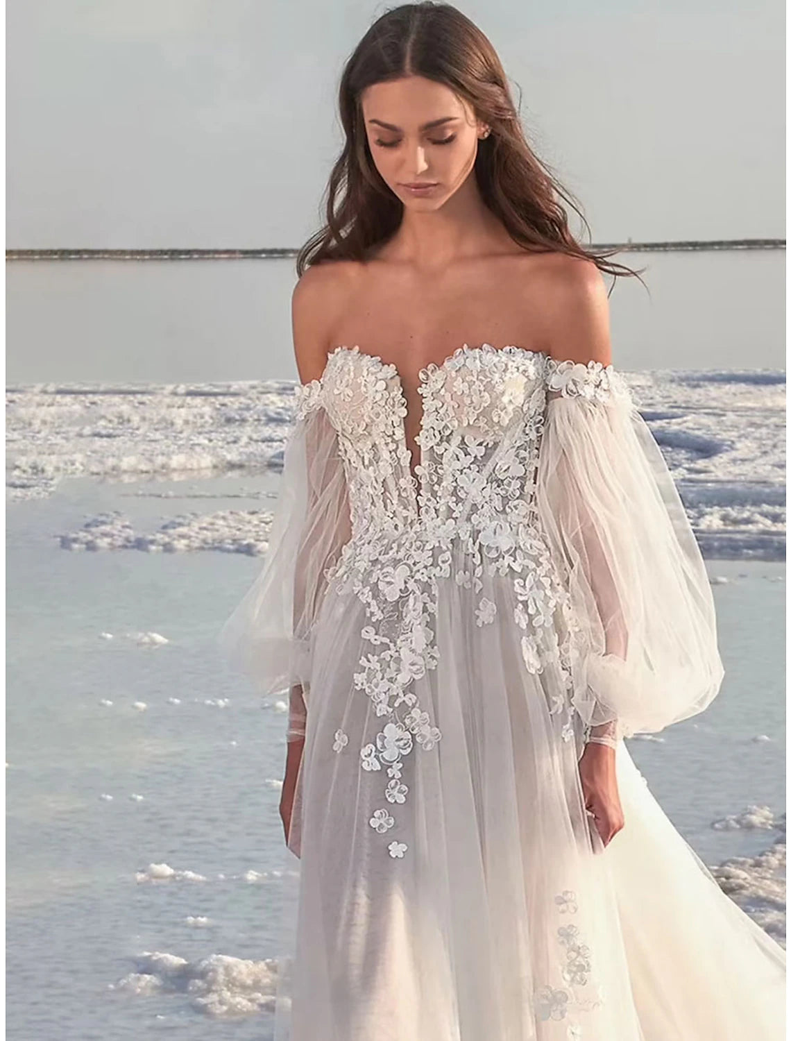 Travel Essentials Beach Formal Wedding Dresses A-Line Off Shoulder Long Sleeve Court Train Lace Bridal Gowns With Appliques Summer Fall Wedding Party