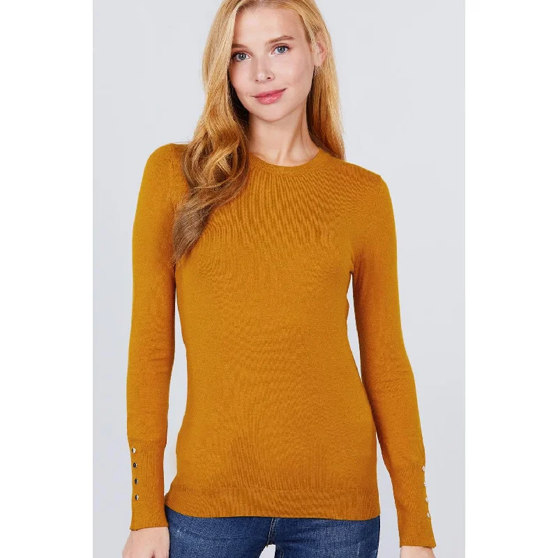 Trendy And Individual Women's Fashion Crew Neck Sweater W/rivet Button