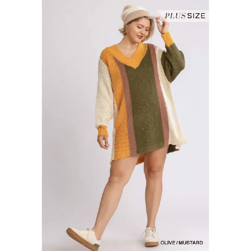 Relaxed Fit Women's Fashion Oversized Multicolor Bouclé V-neck Pullover Sweater Dress With Side Slit