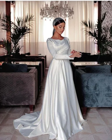 Clearance Sale, All Cheap Muslim Wedding Dress Satin A Line Long Sleeve White Bridal Dress vestidos de novia Princess Wedding Gowns Plus Size