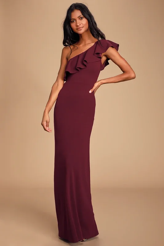 Versatile Women's Fashion Last Forever Burgundy One-Shoulder Ruffle Maxi Dress