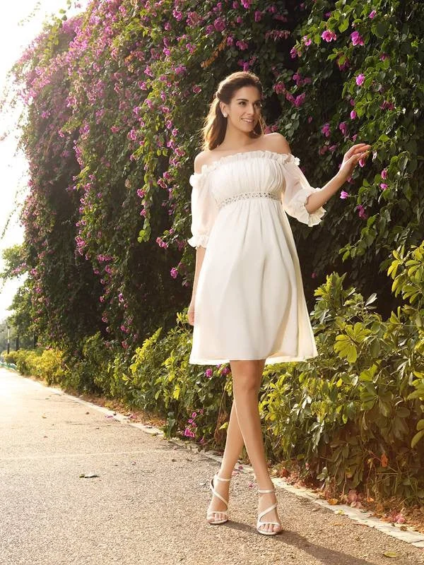 Urban Femme Streetwear A-Line/Princess Off-the-Shoulder Beading 1/2 Sleeves Short Chiffon Wedding Dresses