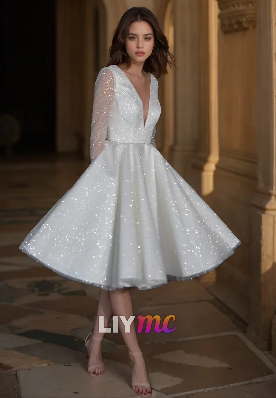 Women Wear Boutique V-Neck Long Sleeves Pleated A-Line Sparkly Wedding Dress