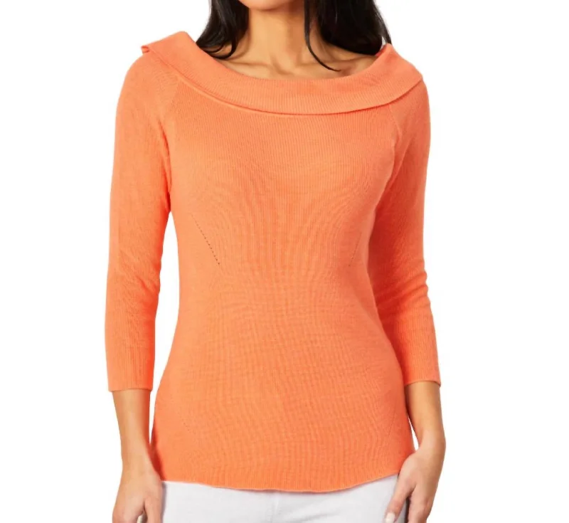 Vintage Women's Fashion Off The Shoulder Ribbed Detail Top In Melon