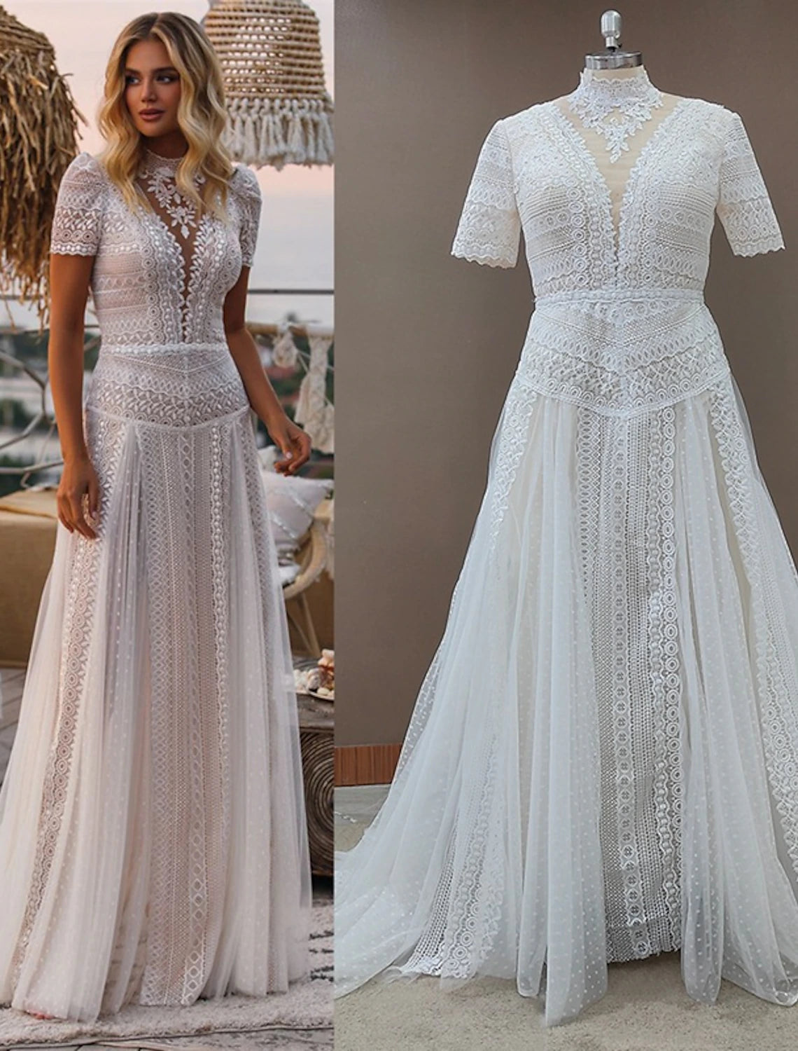 Runway Inspired Wear Beach Boho Wedding Dresses A-Line Illusion Neck Short Sleeve Court Train Lace Outdoor Bridal Gowns With Appliques