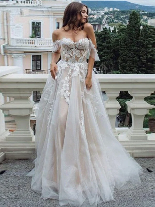 Cutting Edge Fashion A-Line/Princess Lace Applique Off-the-Shoulder Sleeveless Sweep/Brush Train Wedding Dresses