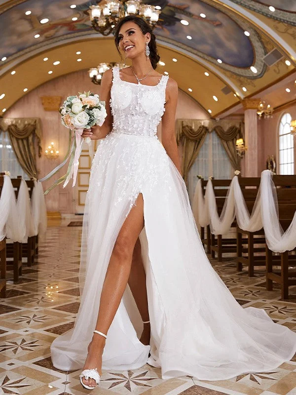 Fashion Forward Outfits A-Line/Princess Organza Applique Straps Sleeveless Sweep/Brush Train Wedding Dresses