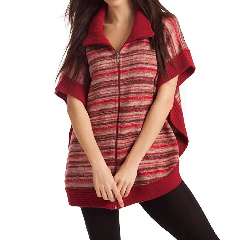 Graceful Fashion Penelope Zip-Up Poncho In Red Multi