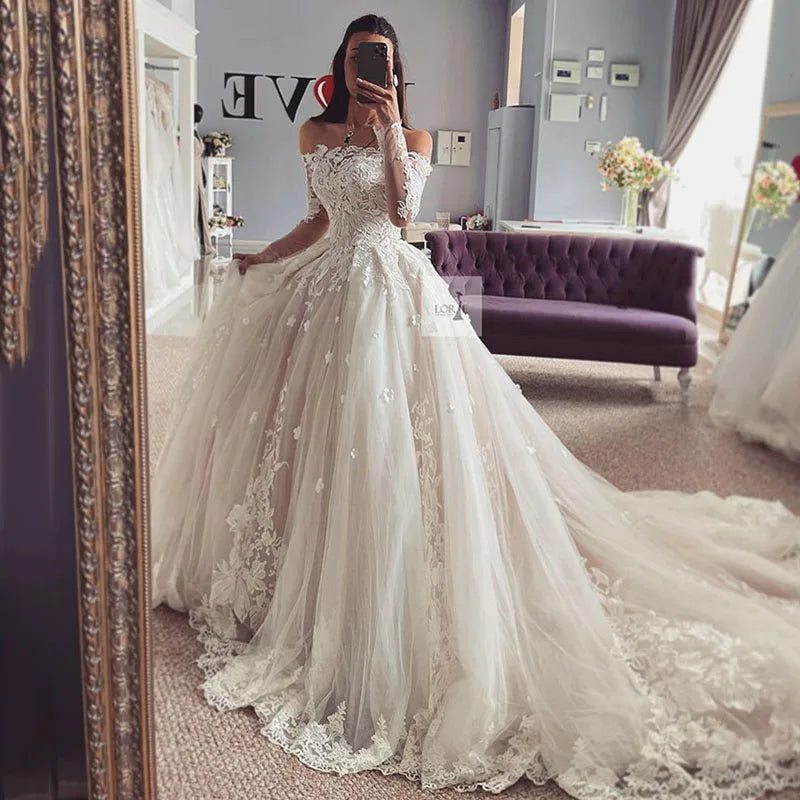 Women Wear Brands Lace Princess Wedding Dresses Long Sleeve Off The Shoulder Appliques Bride Gown vestidos de novia Wedding Ball Gowns