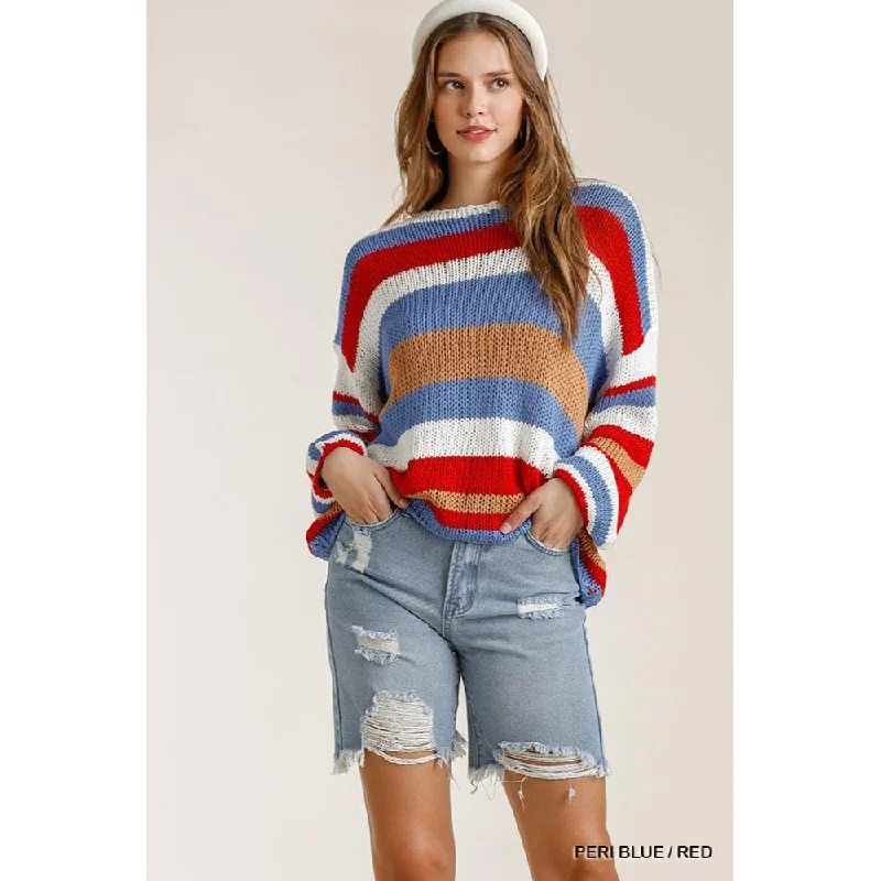 Trend Setting Threads Multicolored Stripe Round Neck Long Sleeve Knit Sweater