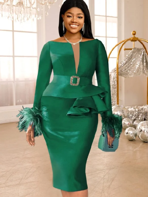 Clothes Sales AOMEIDRESS Green Bodycon Dress V-neck Patchwork Feather Long Sleeve