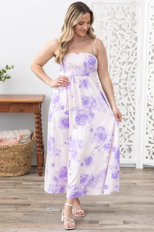 Relaxed Style Lavender Floral Smocked Bodice Maxi Dress