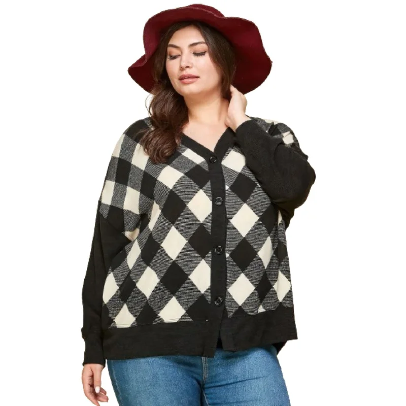 Relaxed Style Plus Size Buffalo Plaid Knit Button Up Oversize Cardigan