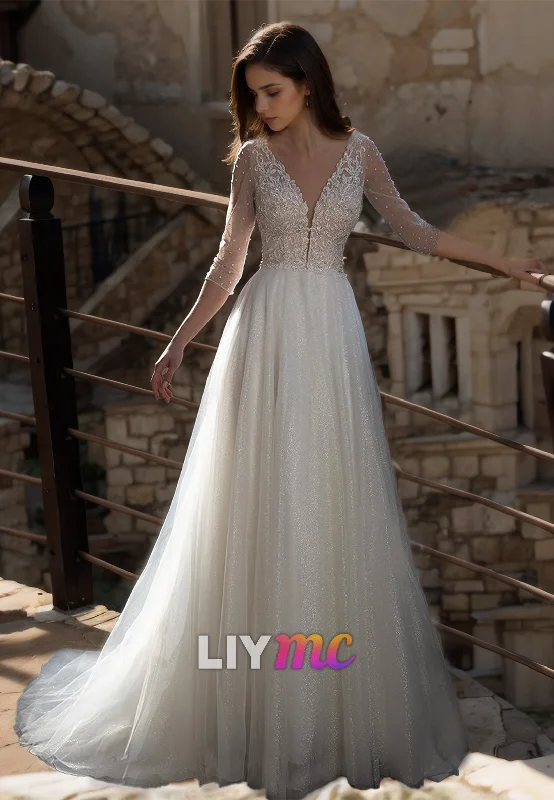 Urban Femme Streetwear V-Neck Long Sleeves Appliques Tulle A-Line Wedding Dress