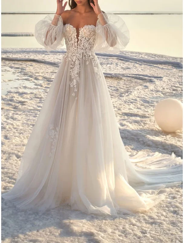 Best Deals Of The Season Beach Formal Wedding Dresses Court Train A-Line Long Sleeve One Shoulder Lace With Appliques