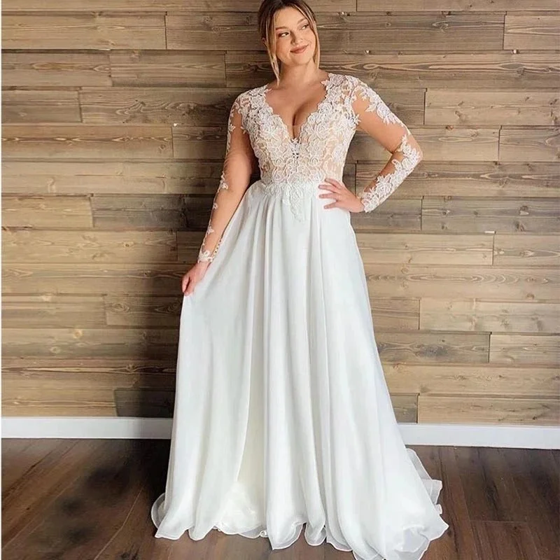 Fashion Frontiers Plus Size Chiffon Wedding Dresses Sheer Lace Long Sleeves Robe De Mariée Bohème Appliques V-Neck Bridal Gowns Civil