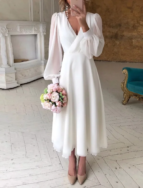 Colorful Clothing Bridal Shower Little White Dresses Wedding Dresses Ankle Length A-Line Long Sleeve V Neck Chiffon With Solid Color