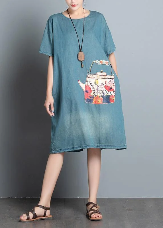 Women's Activewear for Exercise and Sports Handmade denim blue print Cotton quilting dresses o neck Art summer Dresses