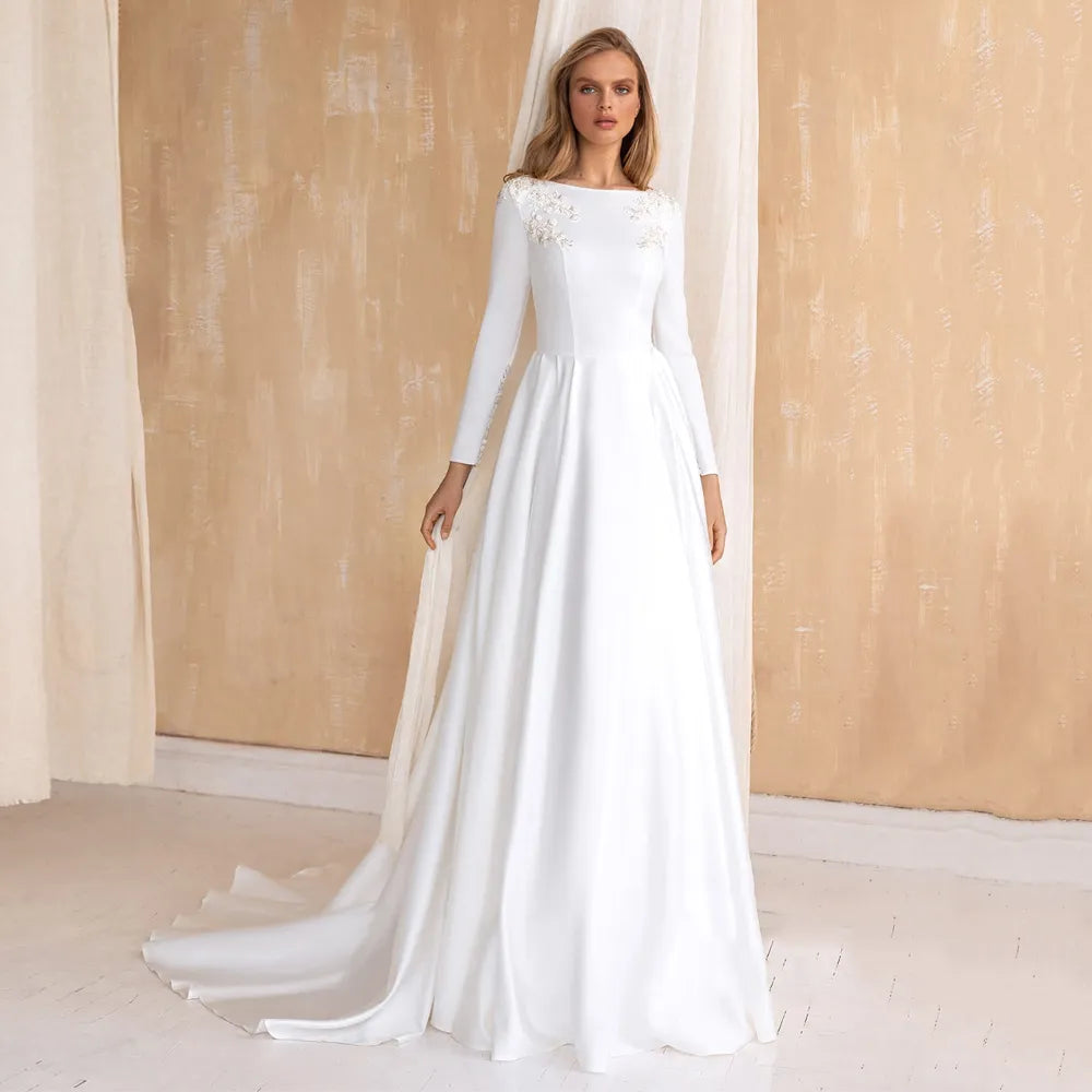 Innovate Your Wardrobe Arabic Wedding Dress Long Sleeves Scoop Neck Simple Bridal Gowns A Line Sweep Train Jersey Marriage Muslim Bride Dresses