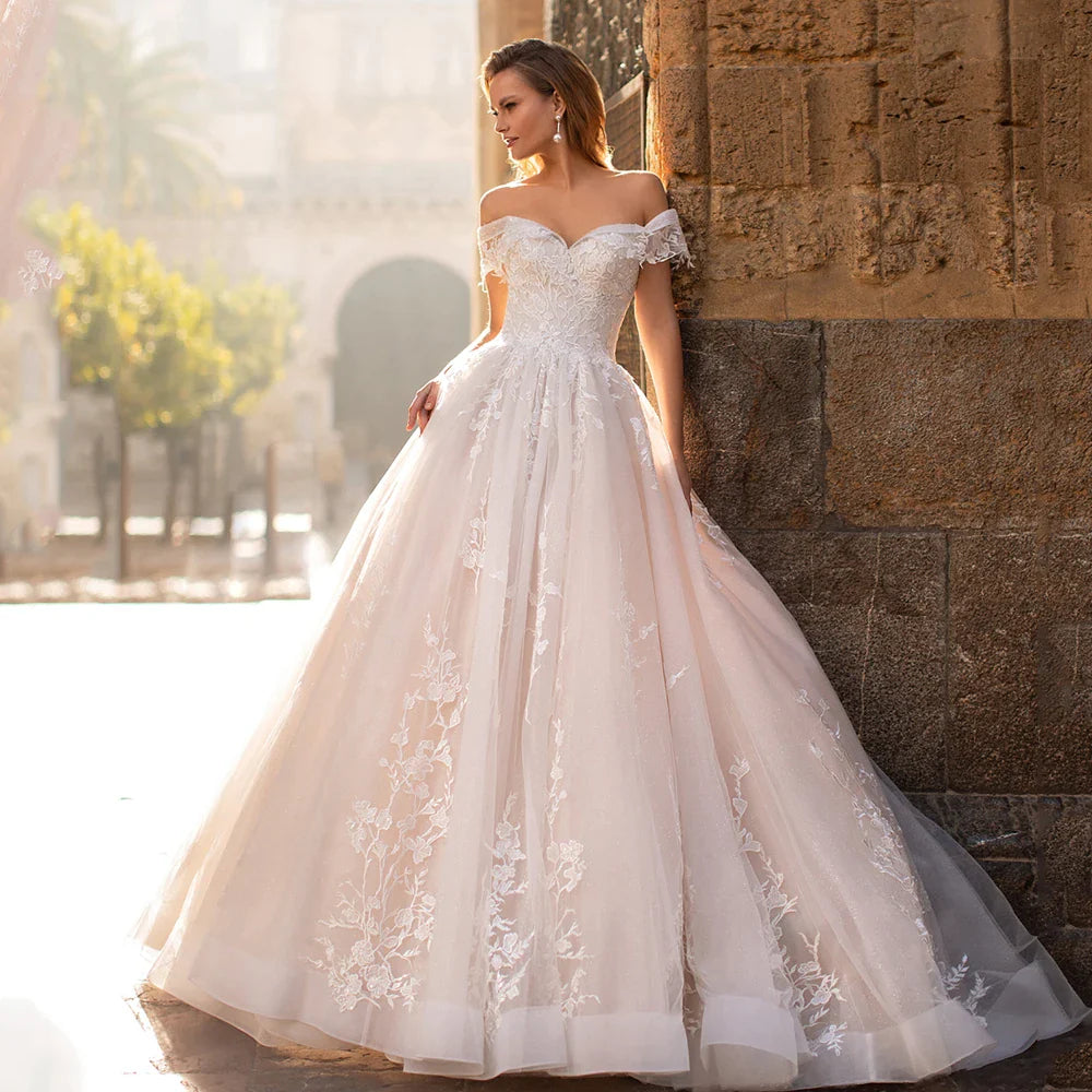 Eclectic Style Wardrobe Gorgeous Ball Gown Wedding Dress Exquisite Off The Shoulder Sweetheart Lace Glitter Tulle Sweep Train Corset Bridal