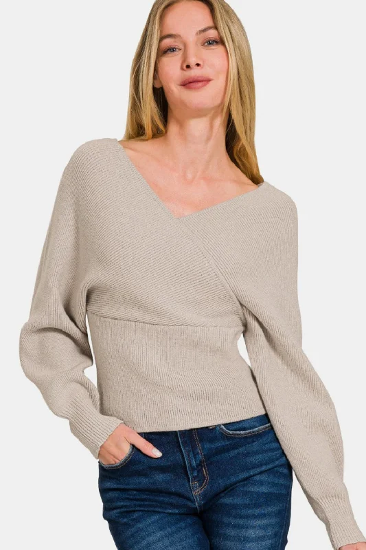 Chic Women's Clothing Online Cross Wrap Rib Long Sleeve Sweater