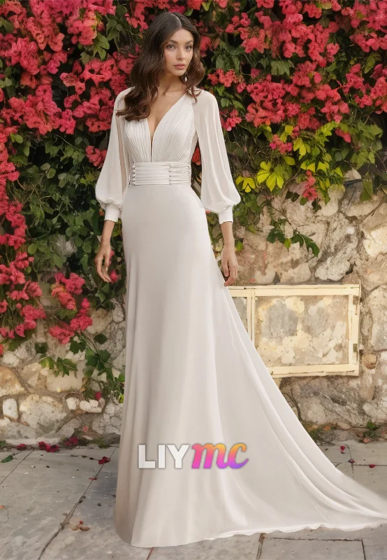 Discount Store V-Neck Long Sleeves Pleated Sleek Boho Wedding Dress