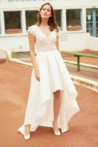 New Arrival Discount A Line V Neck Vintage High Low Capped Sleeves Lace Wedding Dresses