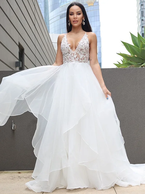 Colorful Clothing A-Line/Princess Lace Ruffles V-neck Sleeveless Sweep/Brush Train Wedding Dresses