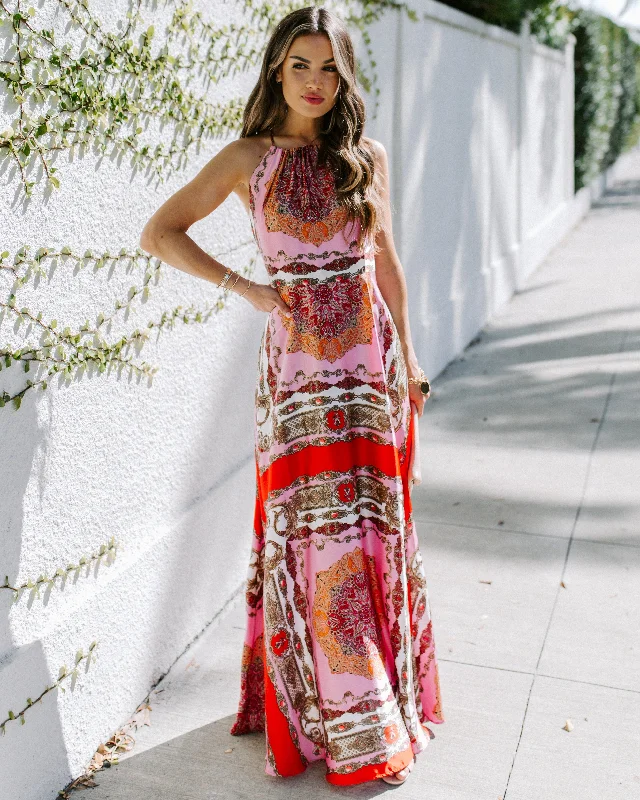 Vibrant Styles PREORDER - Reina Printed Halter Maxi Dress