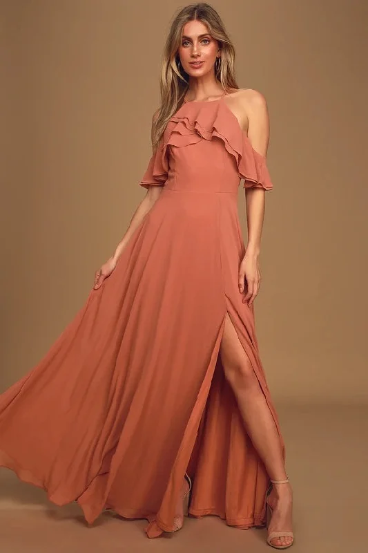 Sale On Sale Stun and Only Rusty Rose Ruffled Off-the-Shoulder Maxi Dress