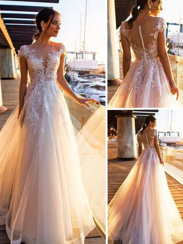 Women Clothes A-Line/Princess Bateau Applique Short Sleeves Sweep/Brush Train Tulle Wedding Dresses