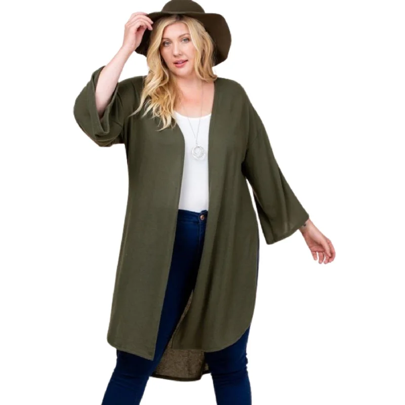 Women's Trendy Outfits Plus Size Solid Hacci Brush Open Front Long Cardigan With Bell Sleeves