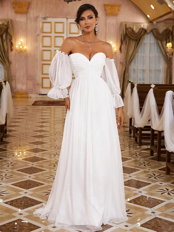 Affordable Online Boutiques A-Line/Princess 30D Chiffon Ruched Off-the-Shoulder Long Sleeves Sweep/Brush Train Wedding Dresses