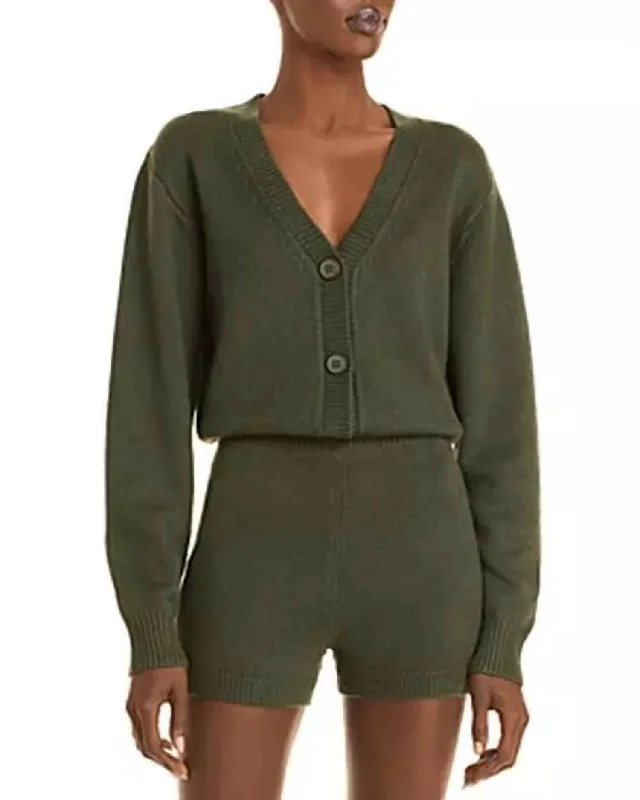 Trend Driven Wardrobe Romper Green Long Sleeve Knit Button Up V-Neck In Olive