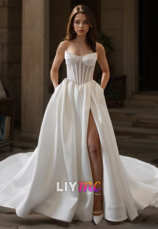 Timeless Elegance V-Neck Strapless Corset Pleated Satin High Slit A-Line Wedding Dress