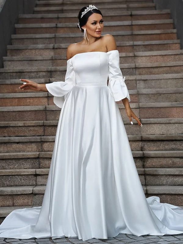 Seasonal Sale A-Line/Princess Charmeuse Ruffles Off-the-Shoulder 3/4 Sleeves Sweep/Brush Train Wedding Dresses