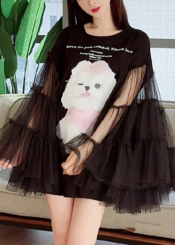 Affordable Fashion for Women Original Black Print Tulle Patchwork T Shirt Dress Long Sleeve