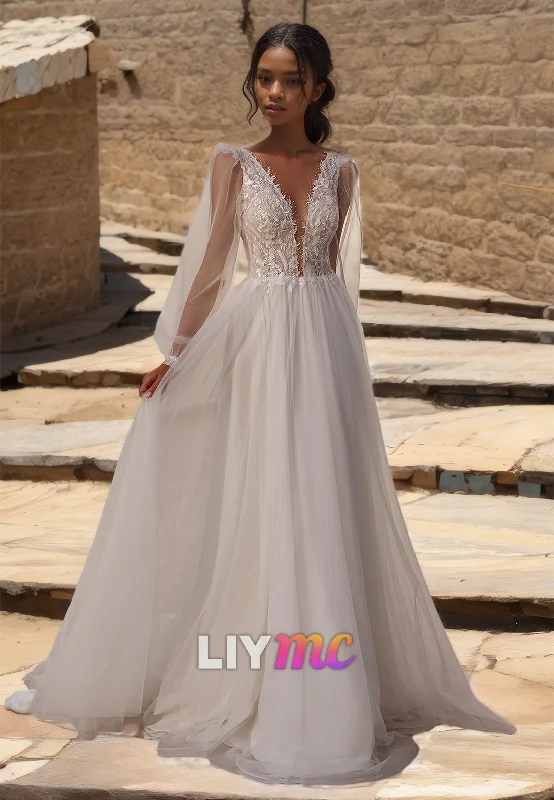 Women's Seasonal Fashion Trends V-Neck Long Sleeves Appliques Pleated A-Line Wedding Dress