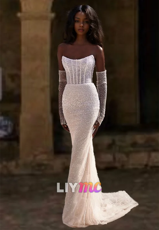 Stylish Women's Clothes for Work and Play Off-Shoulder Strapless Beaded Sparkly Mermaid Wedding Dress