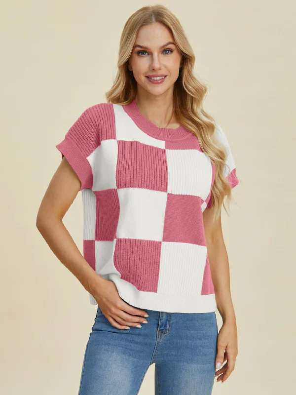 Discover Now Full Size Checkered Round Neck Short Sleeve Sweater