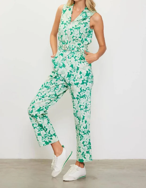 Clearance Sale Lily Print Twill Sleeveless Jumpsuit In Green/white