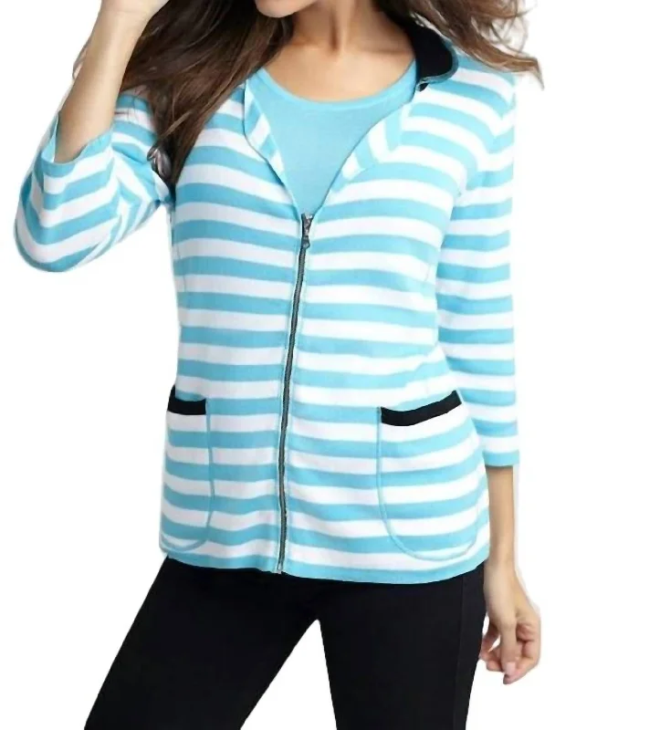 Clearance Sale Colorblock Striped Cardigan In White/turquoise