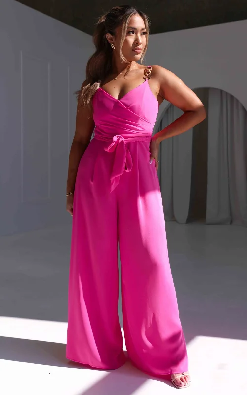 Chic & Cozy Collection Diaz Shirred Back Panel Wide Leg Jumpsuit - Hot Pink