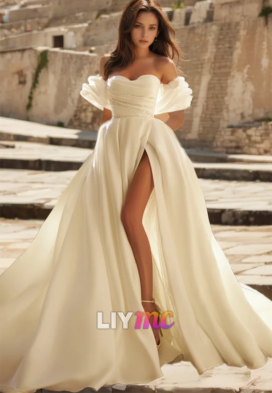 Budget-Friendly Fashion Sweetheart Puff Sleeves Sleek Pleated A-Line Satin Simple Wedding Dress