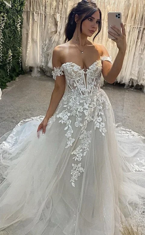 Dive Into Trendy Styles Boho Wedding Dresses A Line Off The Shoulder Sweetheart Neck Bridal Dress Lace Appliques  Beading Wedding Ball Gowns