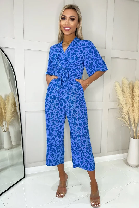 Clearance Sale Blue Floral Tie Front Jumpsuit