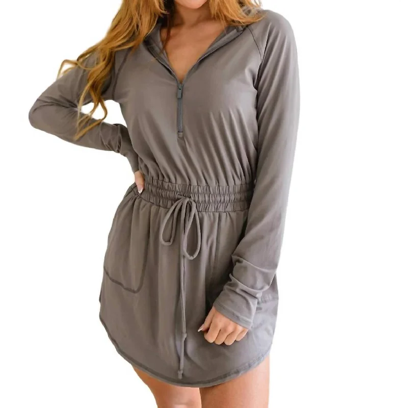 Timeless Elegance Redefined Getting Out Long Sleeve Hoodie Romper In Smoky Grey