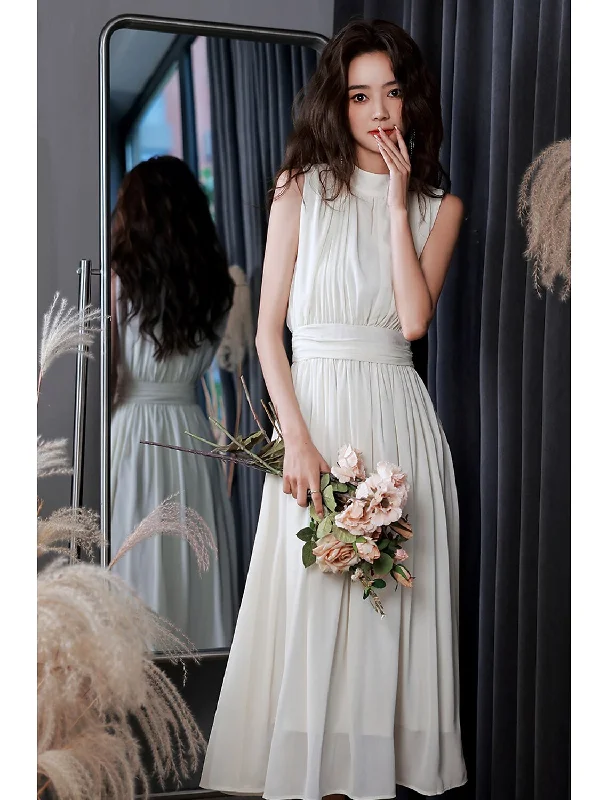 Limited Time Offers Reception Little White Dresses Wedding Dresses A-Line High Neck Sleeveless Tea Length Chiffon Bridal Gowns With Pleats Solid Color